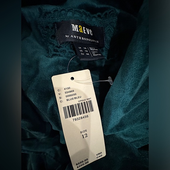 🔹Anthropologie Maeve Velvet Blazer Dress in Teal (Blue-Green) size 12, NWT✨ - Picture 8 of 10